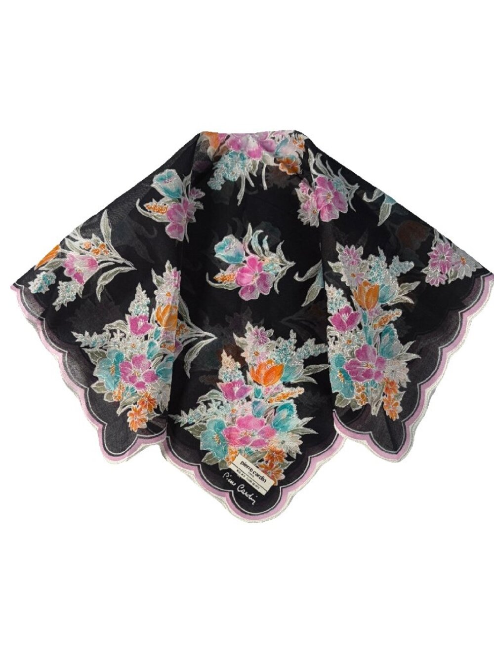 NWT Vintage PIERRE CARDIN Paris Floral Cotton Scarf Scalloped Border